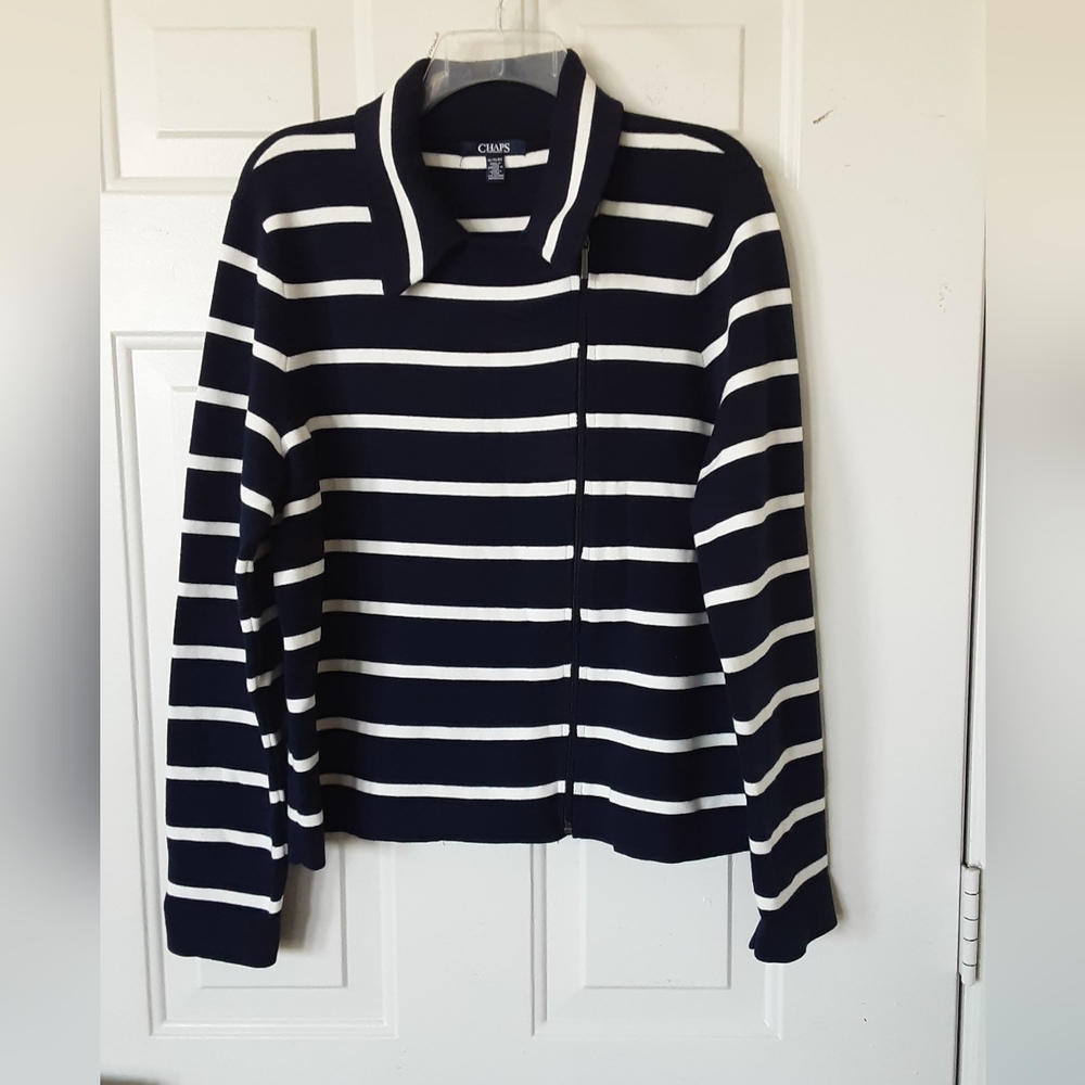 Chaps Navy and Ivory Zip Up Collared Sweater Cardigan XL